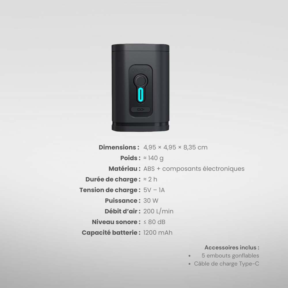 Pompe à air portable sans fil – Gonflage et dégonflage rapide avec 5 embouts