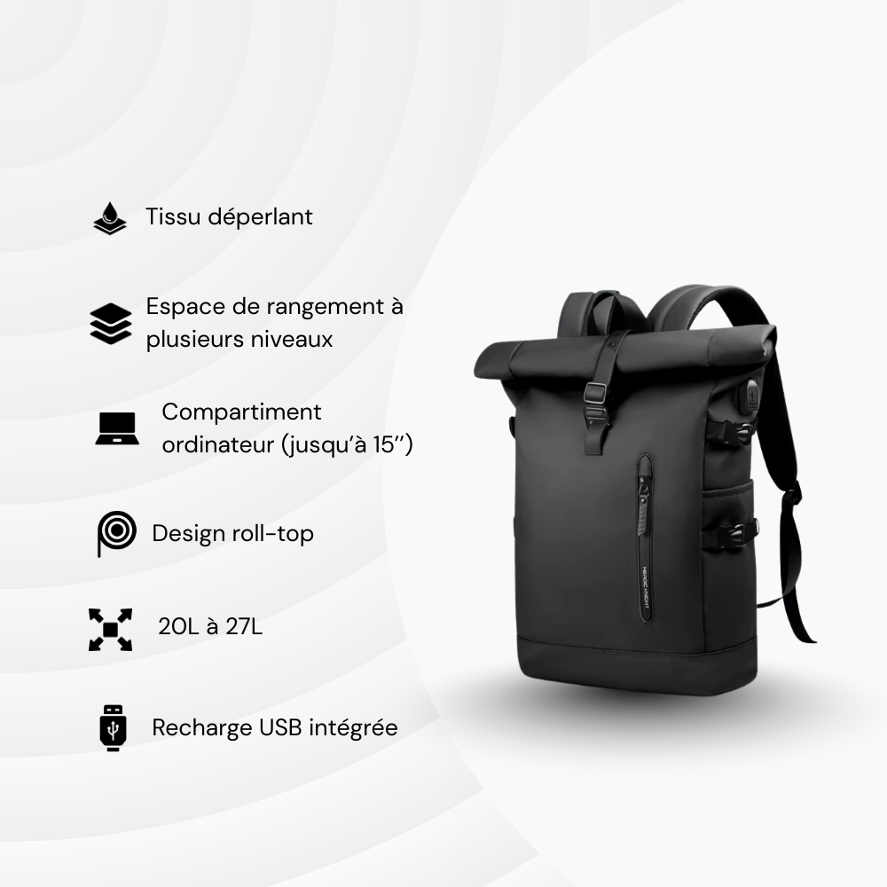 Roll NomadBack — 20 à 27 L - Sac à dos extensible & USB