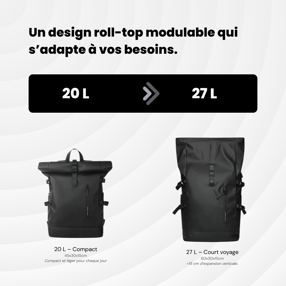 Roll NomadBack — 20 à 27 L - Sac à dos extensible & USB