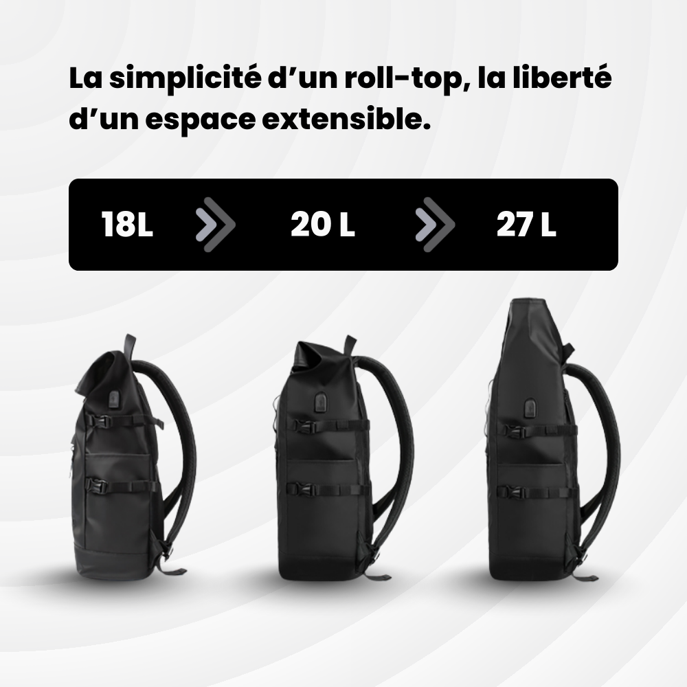 Roll NomadBack — 20 à 27 L - Sac à dos extensible & USB