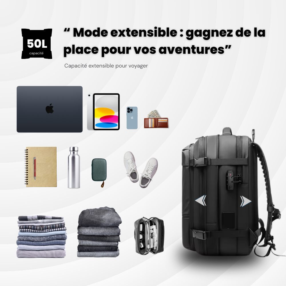 NomadLock 2 — 25 à 50L - Sac à Dos Étanche, Extensible et à Compression