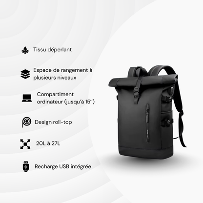 Roll NomadBack — 20 à 27 L - Sac à dos extensible & USB