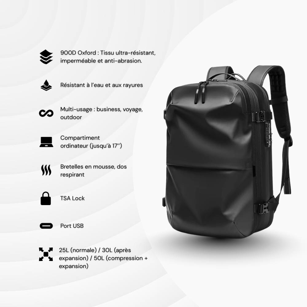 NomadLock — 25 à 50L – Sac à Dos Étanche & Extensible à Compression