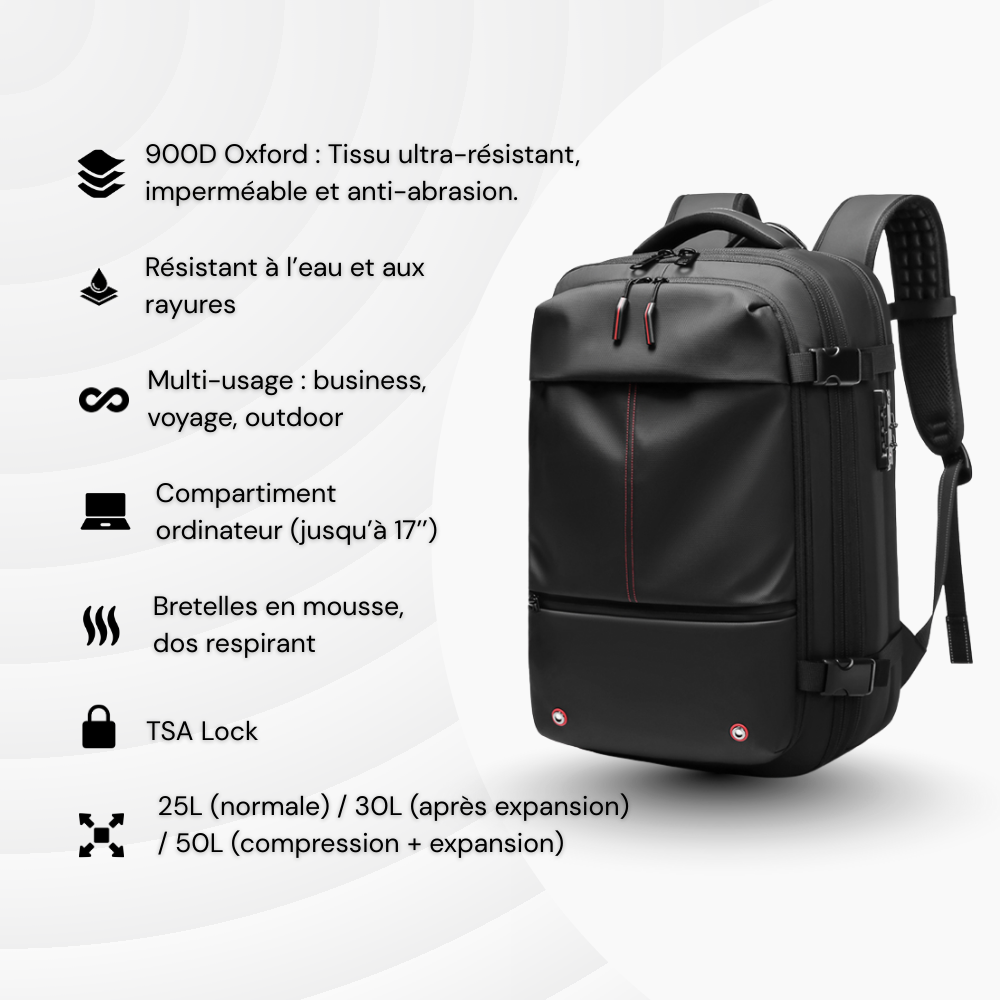 NomadLock 2 — 25 à 50L - Sac à Dos Étanche, Extensible et à Compression