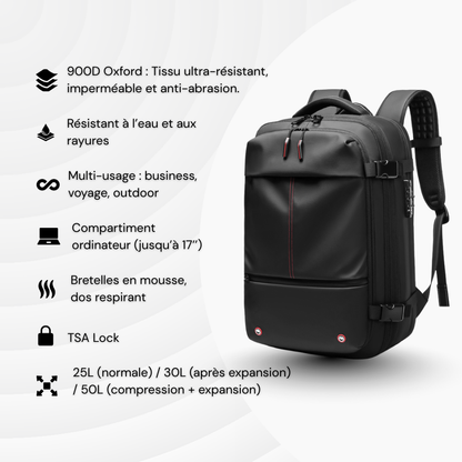 NomadLock 2 — 25 à 50L - Sac à Dos Étanche, Extensible et à Compression