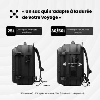 NomadLock 2 — 25 à 50L - Sac à Dos Étanche, Extensible et à Compression